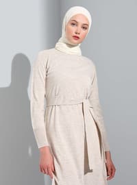 Belt Detailed Knitwear Modest Dress Beige Melange