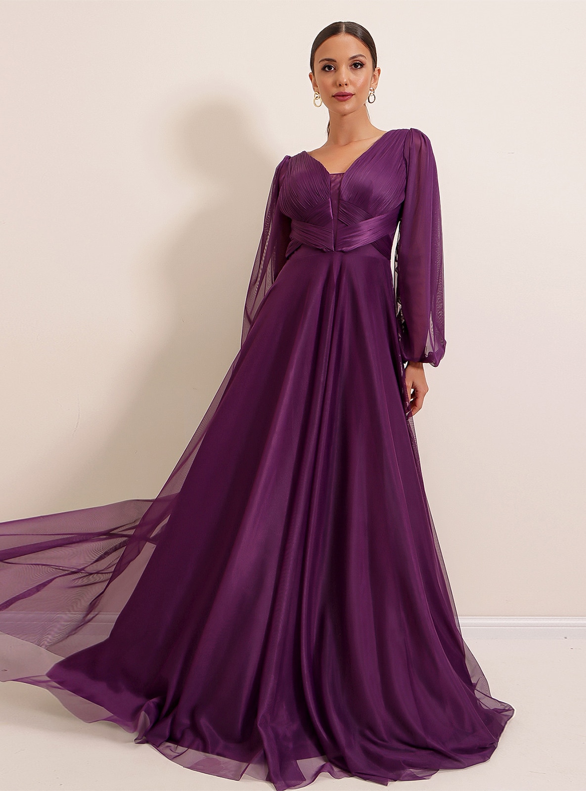 Front Back V Neck Balloon Sleeve Long Tulle Hijab Evening Dress Purple