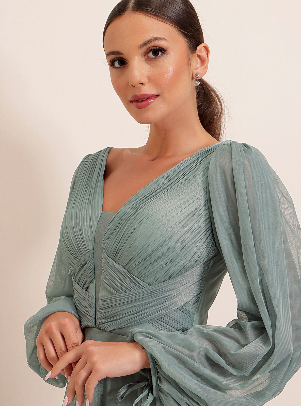 Mint - V neck Collar - Modest Evening Dress