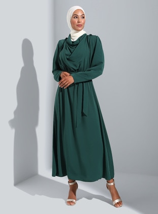 Modest Dress With Elastic Waist Dark Emerald