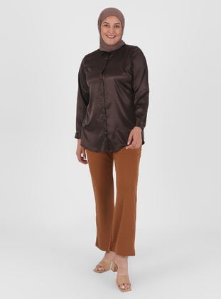 Brown - Point Collar - Plus Size Tunic - GELİNCE