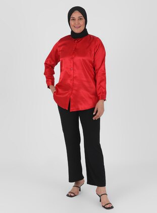 Red - Point Collar - Plus Size Tunic - GELİNCE