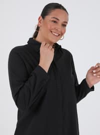 Black - Button Collar - Polo - Point Collar - Plus Size Tunic
