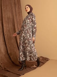 Satin Patterned Modest Dress Coffee Color Ecru