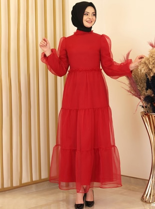 Red - Fully Lined - Crew neck - Modest Evening Dress - Fashion Showcase Design