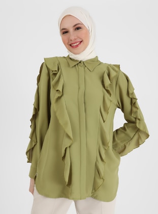 Olive Green - Point Collar - Blouses - Refka