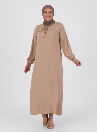Camel - Crew neck - Unlined - Modest Dress - TEKBİR