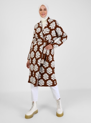 Floral Patterned Jacquard Sweater Cardigan Pearl White Camel