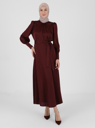 Satin Belt Detailed Modest Dress Dark Red