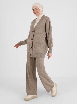 Cardigan&Pants Knitwear Co-Ord Set Beige Melange