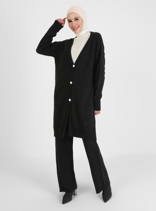 Pearl Button Down Cardigan&Pants Knitwear Co-Ord Set Black