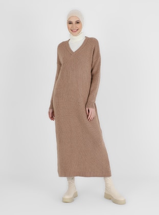 V Neck Long Sweater Modest Dress Mink