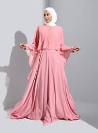 Pearl Detailed Cape Hijab Evening Dress Deep Pink
