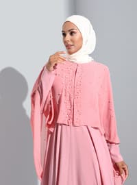 Pearl Detailed Cape Hijab Evening Dress Deep Pink