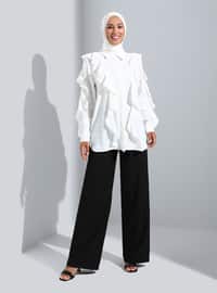 Ruffle Detailed Silk Linen Shirt Off White