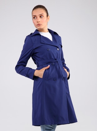 Blue - Fully Lined - Double-Breasted - Trench Coat - Jamila