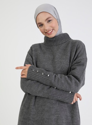 Button Detailed High Collar Sweater Tunic Anthracite