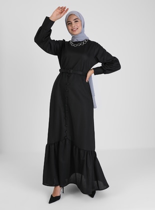 Brit Detailed Modest Dress Black