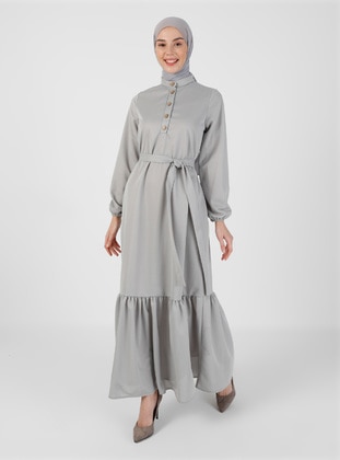 Button Down Collar Belt Detailed Modest Dress Gray