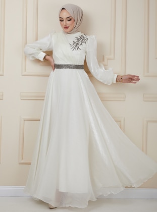Silvery Hijab Evening Dress With Belt And Chest Stone Detail Ecru