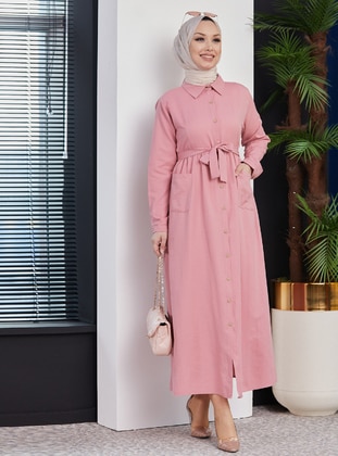 Pink - Point Collar - Unlined - Modest Dress - Tofisa