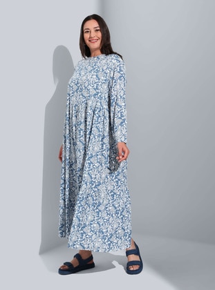 Natural Fabric Plus Size Patterned Modest Dress Blue