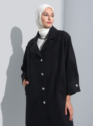 Black - Fully Lined - Double-Breasted - Coat - Refka
