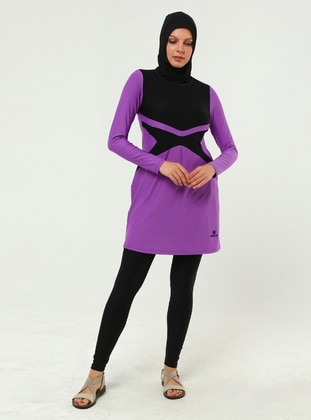 Lilac - Black - Fully Lined - Full Coverage Swimsuit Burkini - Ranuna