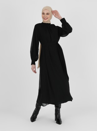 Belt Detailed Chiffon Modest Dress Black