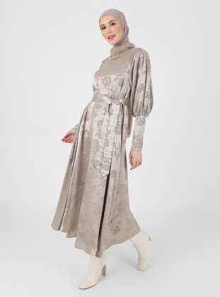 Jacquard Satin Modest Dress Vintage Khaki