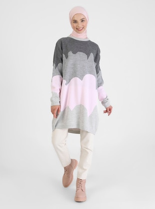 Color Block Jacquard Sweater Tunic Snow Melange Pink Grey Anthracite