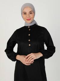Button Down And Belt Detailed Modest Dress With Collar Black