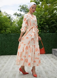 Orange - Multi - Crew neck - Modest Dress - Sevit-Li