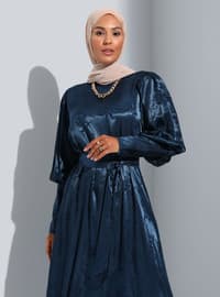 Jacquard Satin Modest Dress Dark Navy Blue
