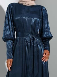 Jacquard Satin Modest Dress Dark Navy Blue