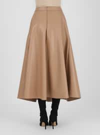 Leather Look Pocket Detailed Skirt Camel