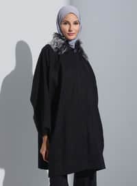 Poncho With Faux Fur Collar Black