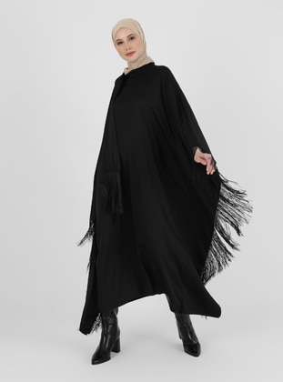 Fringe Detailed Hijab Evening Dress Abaya Black