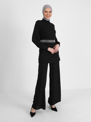 Silvery Tunic & Pants Two Piece Hijab Evening Dresses Black Silvery