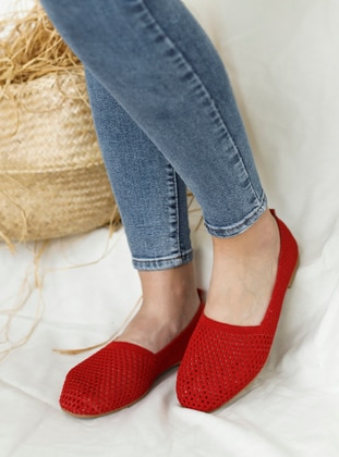 Red - Flat - Flat Shoes - Pembe Potin