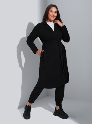 Plus Size Two-Thread Orme Cape Black With Belt Detail