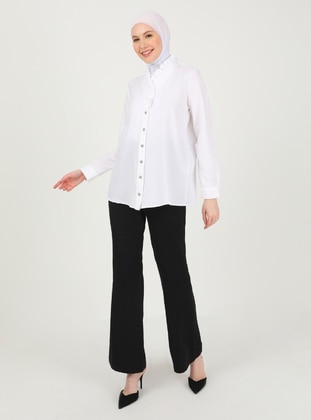 Elegant Shirt Off White With Collar Ruffle Stone Buttons