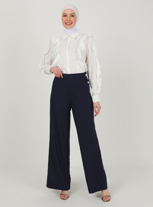 Elegant Trousers Dark Navy Blue With Stone Button Detail