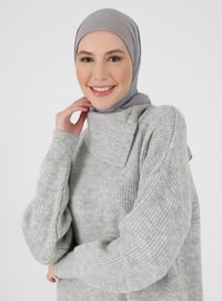Collar Detailed Knitwear Modest Dress Silver Color Color Melange
