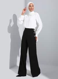 Elegant Trousers Black With Stone Button Detail