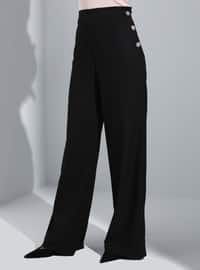 Elegant Trousers Black With Stone Button Detail