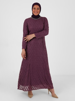 Purple - Fully Lined - Crew neck - Modest Plus Size Evening Dress - Atay Gökmen