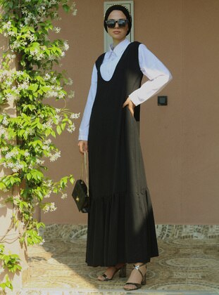 Black - V neck Collar - Unlined - Modest Dress - Merve Aydın