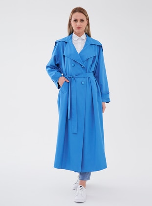 Blue - Fully Lined - Shawl Collar - 1000gr - Trench Coat  - Sahra Afra