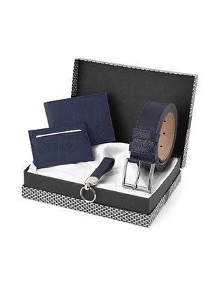 Belt Wallet Card Holder Keychain Gift Box Set Navy Blue